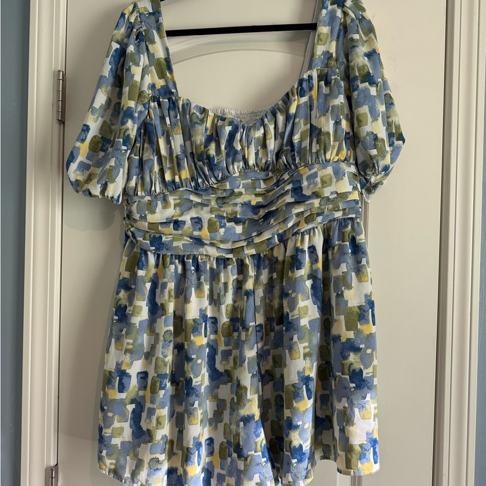 Abercrombie Square Neck Puff Sleeve Romper in Blue & Olive Brushstroke Print